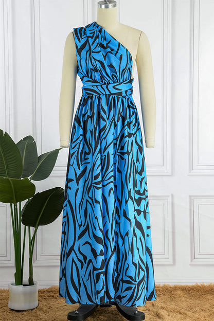 Print Patchwork Backless Slit Oblique Collar Long Dress
