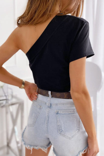 Simplicity Patchwork Asymmetrical Oblique Collar T-shirts(4 Colors)