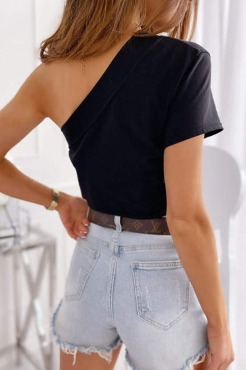 Simplicity Patchwork Asymmetrical Oblique Collar T-shirts(4 Colors)