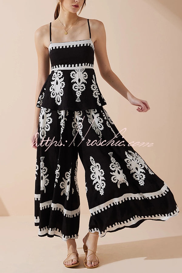 Unique Print Suspender Pleated Top and Elastic Waist Loose Wide-leg Pants Set