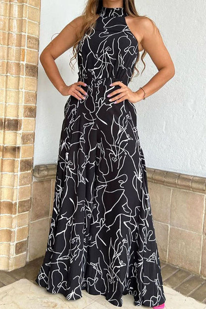 Simplicity Print Patchwork Frenulum Halter Loose Jumpsuits(9 Colors)