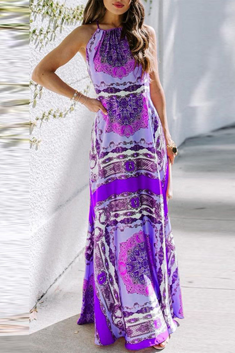 Print Patchwork Halter Waist Skirt Dresses