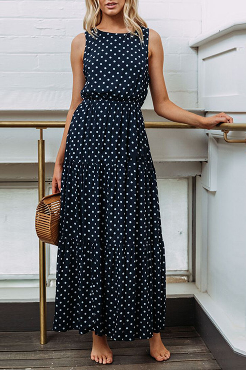 Dot Patchwork O Neck Waist Skirt Dresses(4 Colors)