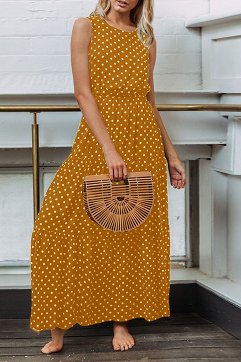 Dot Patchwork O Neck Waist Skirt Dresses(4 Colors)