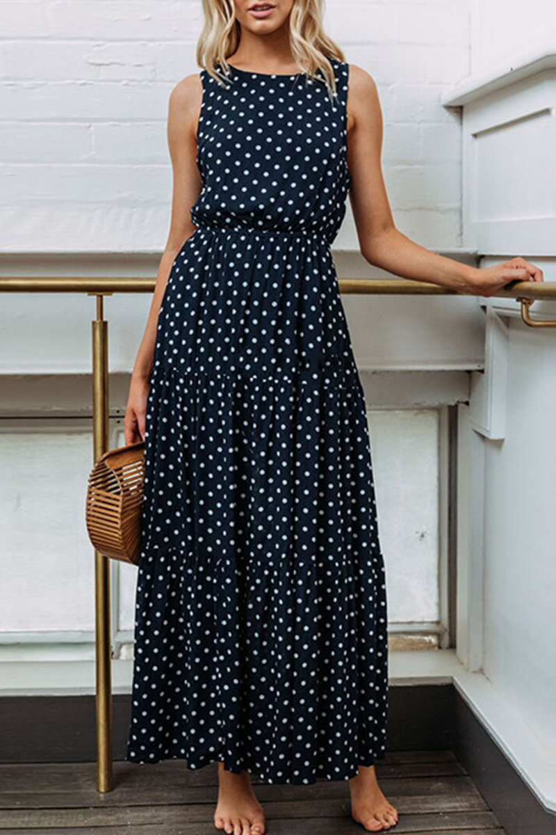 Dot Patchwork O Neck Waist Skirt Dresses(4 Colors)