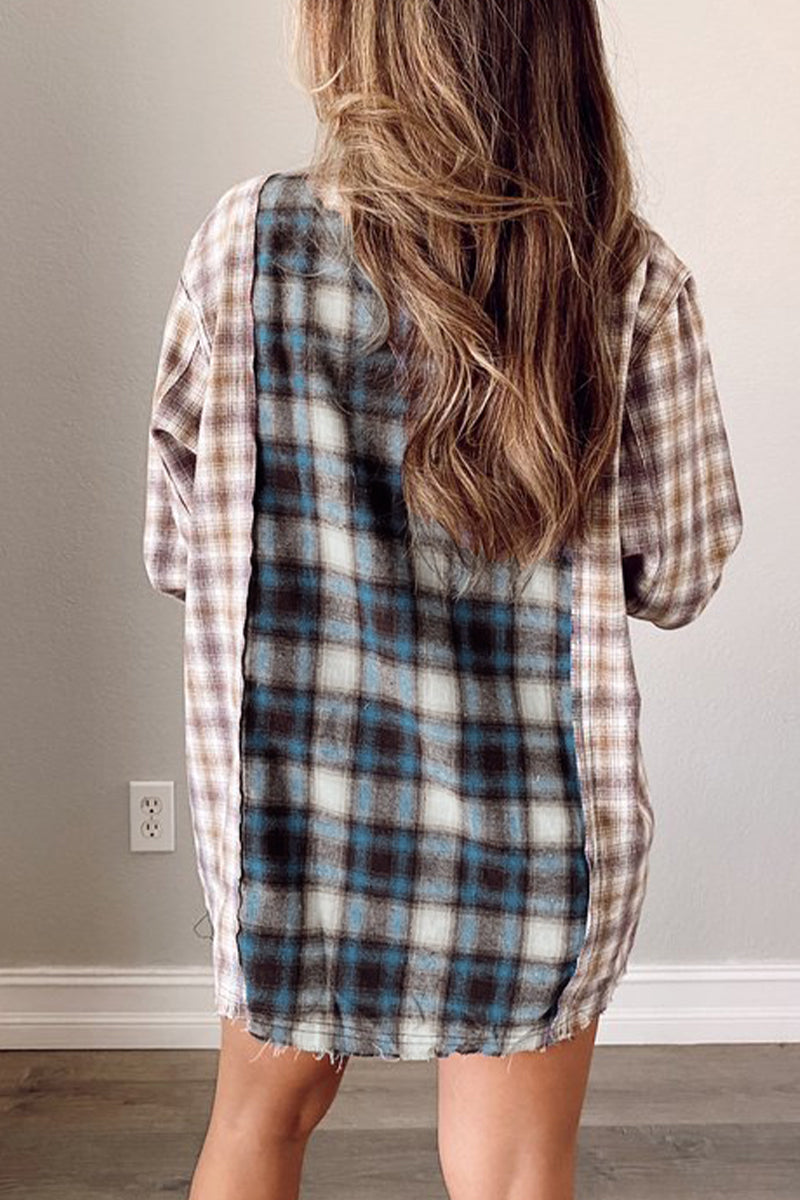Plaid Patchwork Turndown Collar Blouses