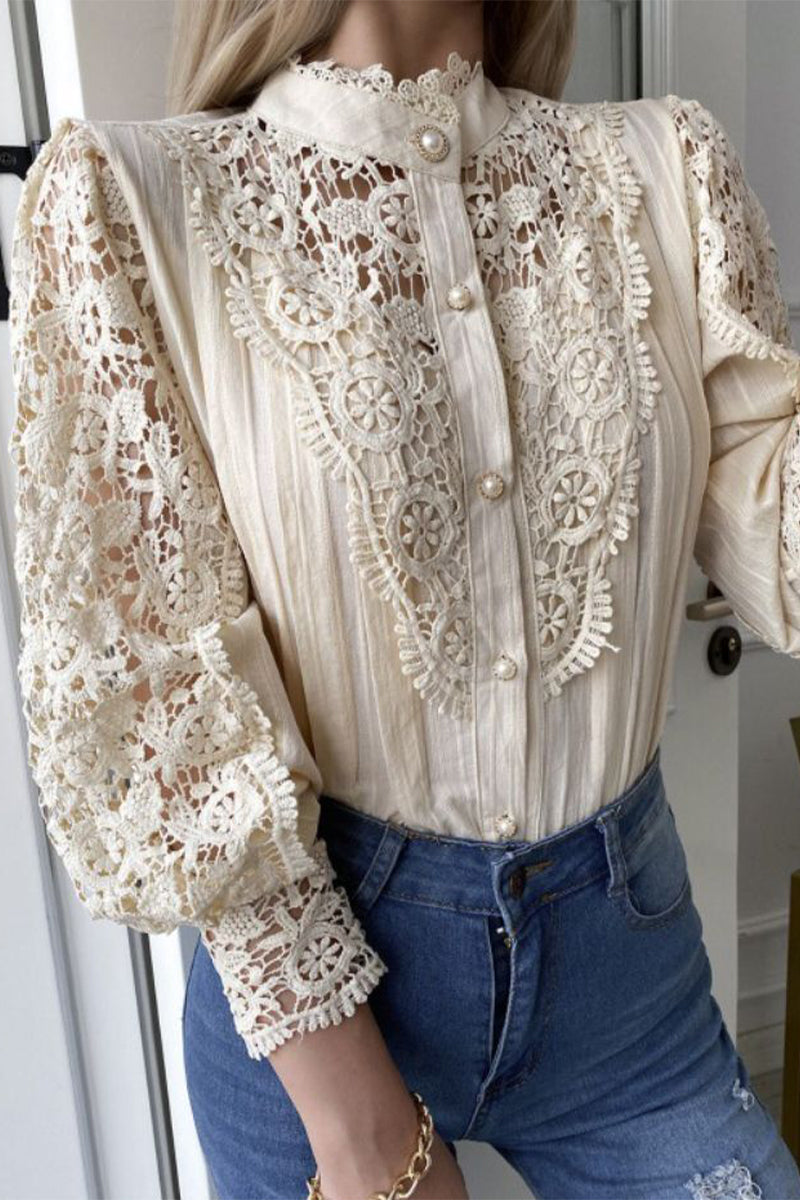 Lace Mandarin Collar Blouses(3 Colors)