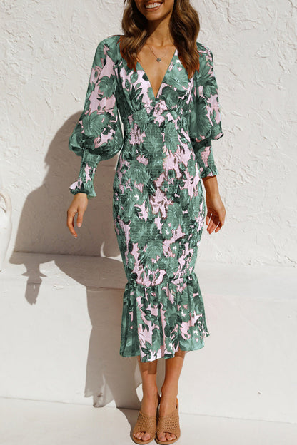 Sweet Print Patchwork V Neck Waist Skirt Dresses(4 Colors)