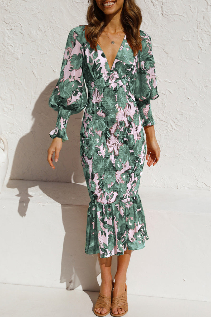 Sweet Print Patchwork V Neck Waist Skirt Dresses(4 Colors)