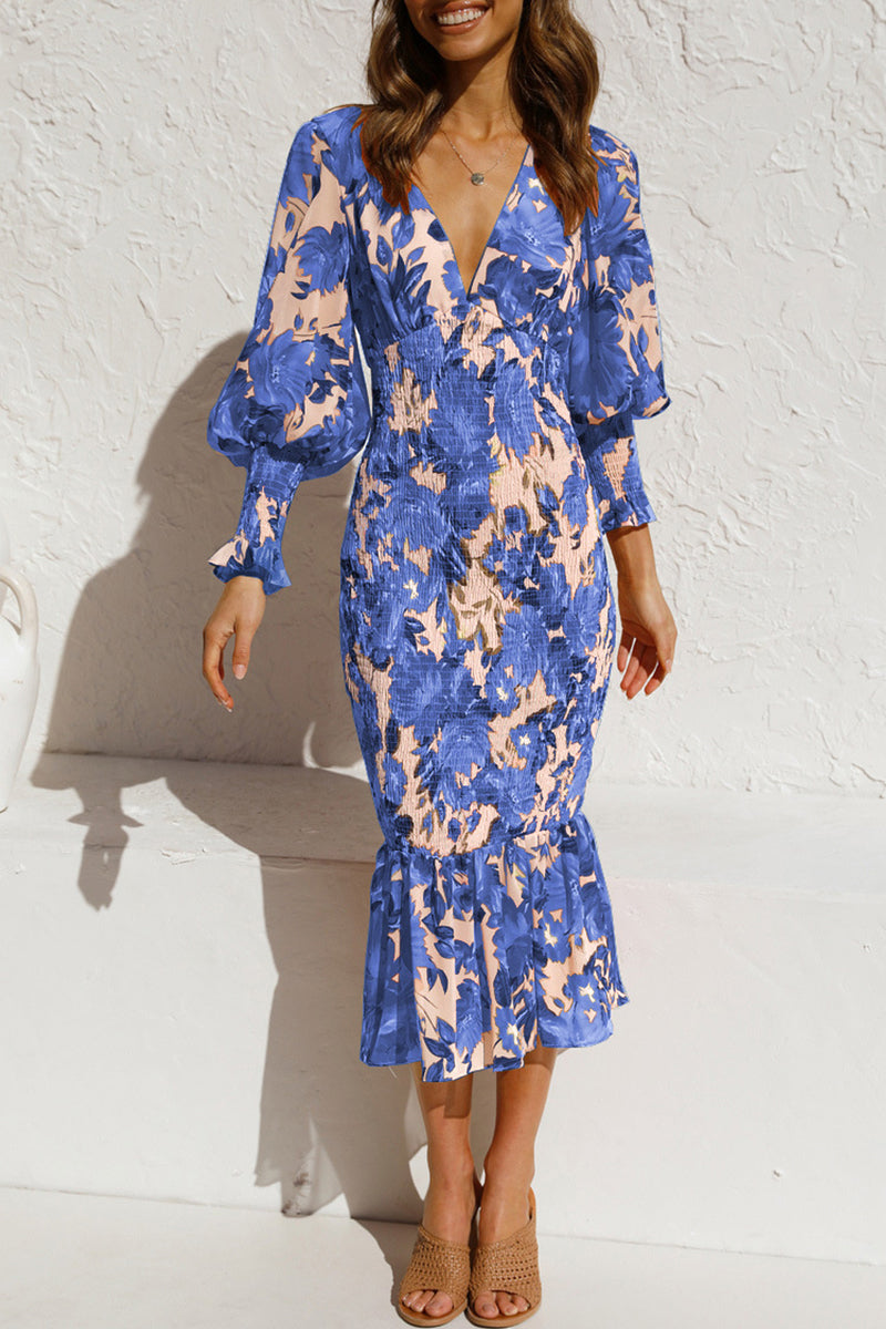 Sweet Print Patchwork V Neck Waist Skirt Dresses(4 Colors)