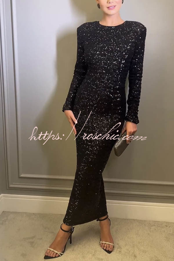 Looking to Party Sequin Padded Shoulder Backless Bow Design Maxi Dress