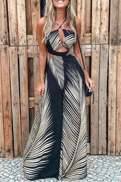 Vacation Print Frenulum Halter Loose Jumpsuits