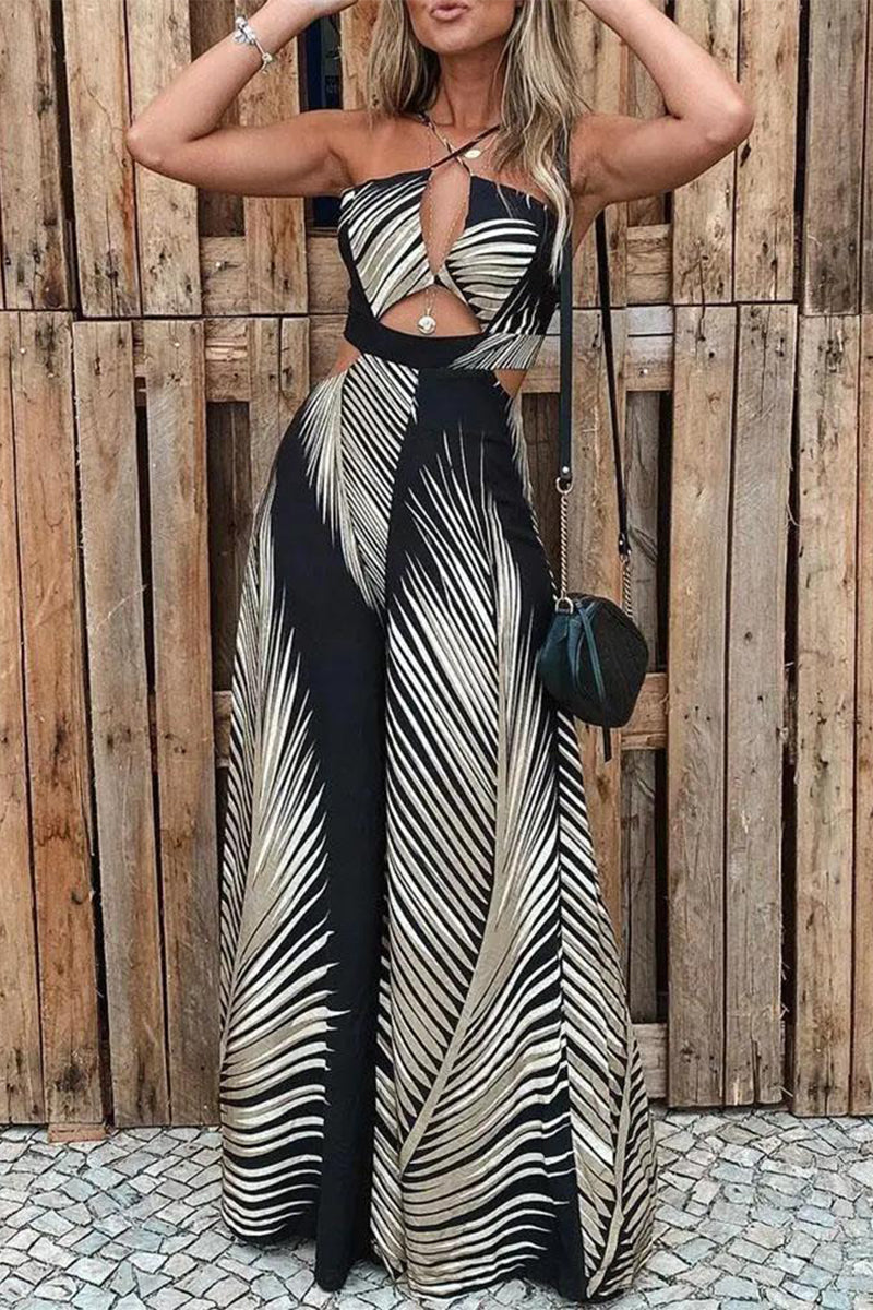 Vacation Print Frenulum Halter Loose Jumpsuits