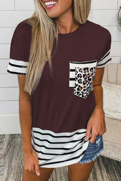 Striped Leopard Patchwork Pocket T-shirts(10 Colors)