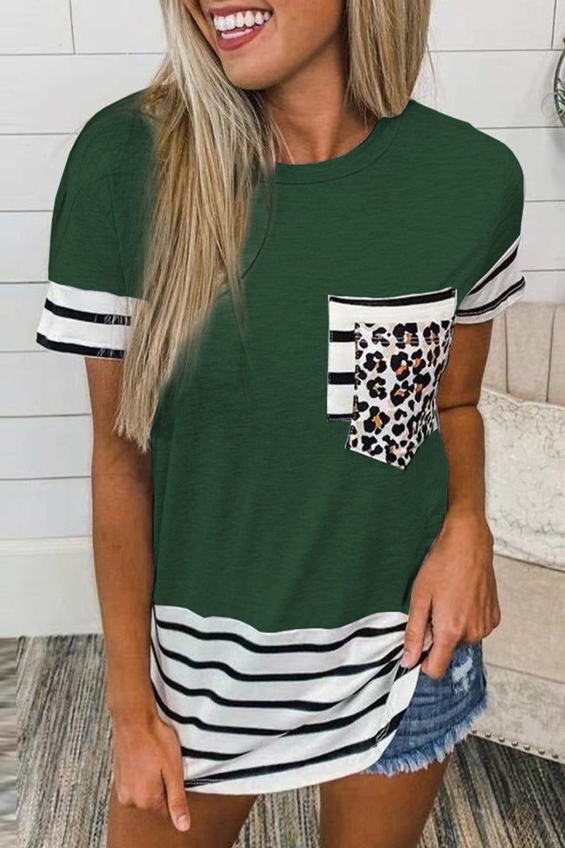 Striped Leopard Patchwork Pocket T-shirts(10 Colors)