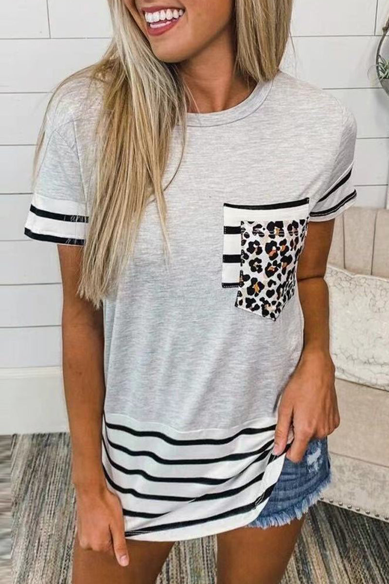 Striped Leopard Patchwork Pocket T-shirts(10 Colors)