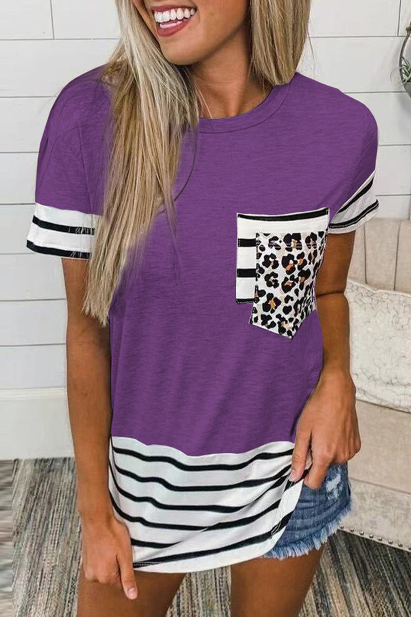 Striped Leopard Patchwork Pocket T-shirts(10 Colors)