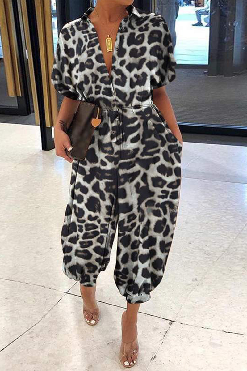Leopard Frenulum Printing Loose Jumpsuits