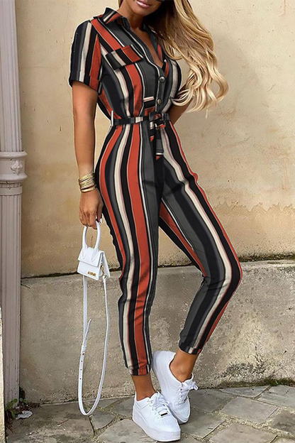 Print Patchwork Turndown Collar Regular Jumpsuits