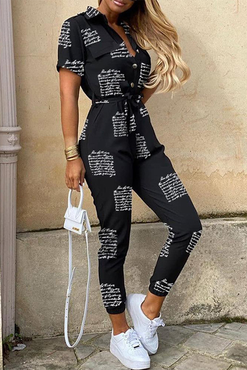 Print Patchwork Turndown Collar Regular Jumpsuits