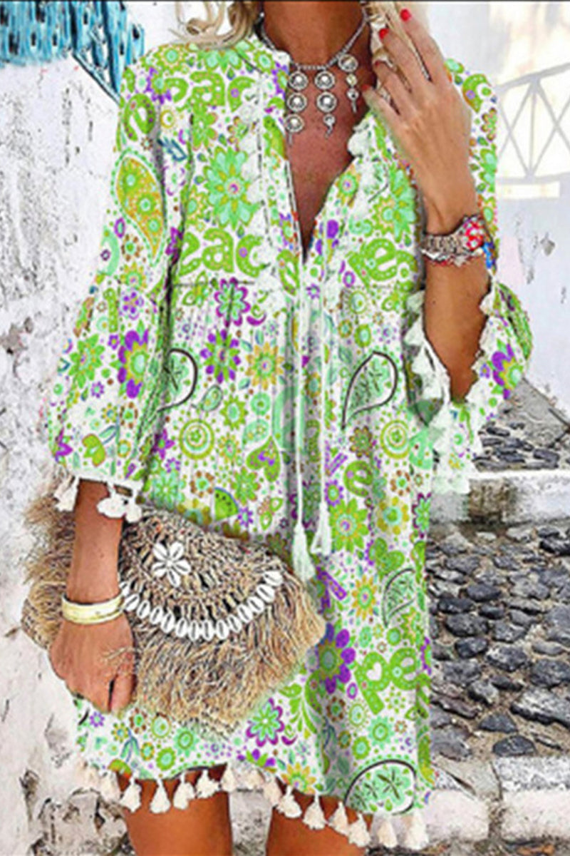 Print Tassel V Neck Cake Skirt Dresses(3 Colors)