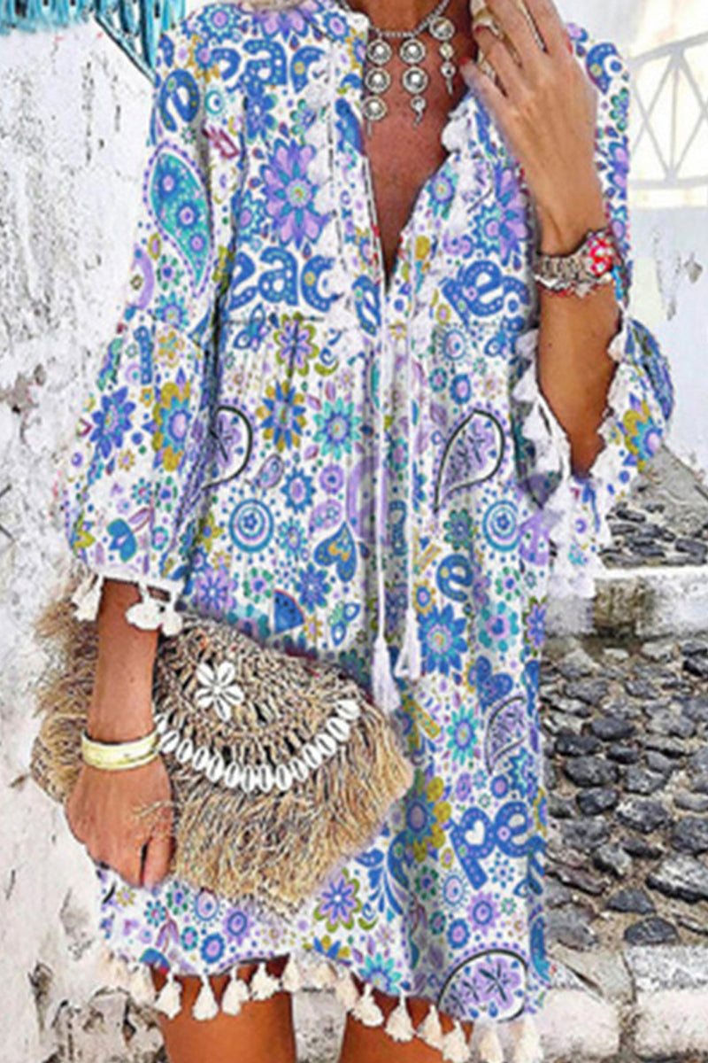Print Tassel V Neck Cake Skirt Dresses(3 Colors)