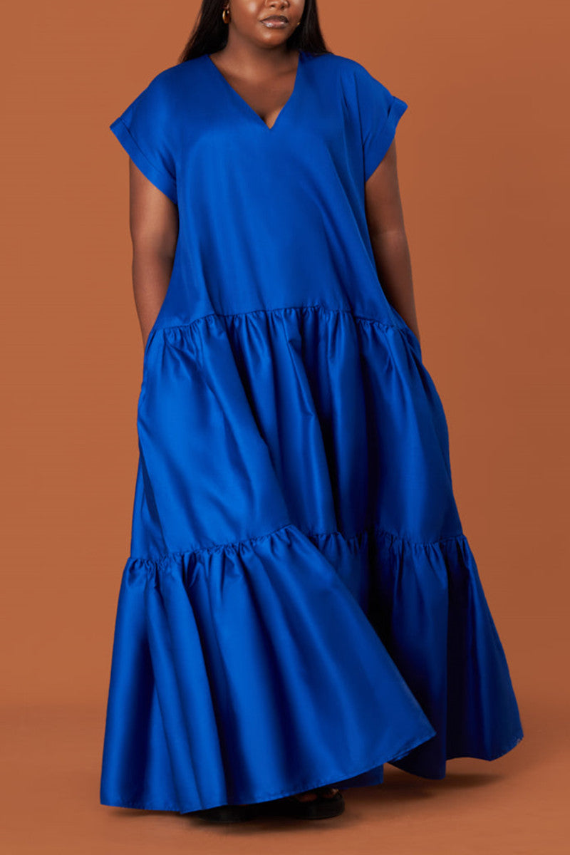 Patchwork Fold V Neck Long Dress Dresses