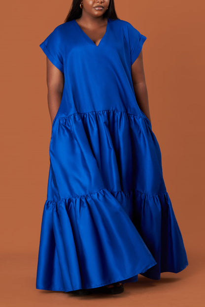 Patchwork Fold V Neck Long Dress Dresses