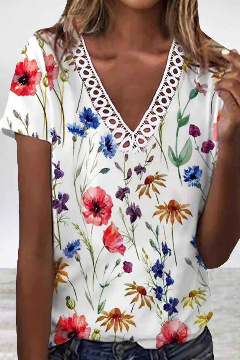 Work Patchwork V Neck T-shirts