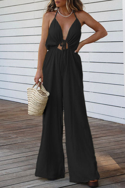 Backless V Neck Regular Jumpsuits(3 Colors)
