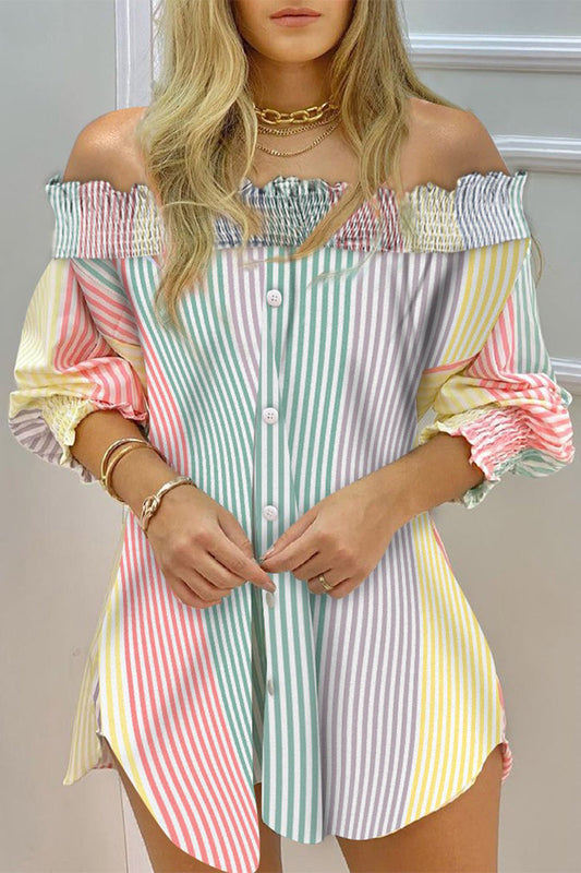 Sweet Print Patchwork Off the Shoulder One Step Skirt Dresses