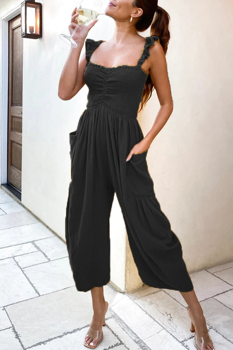 Street Patchwork Pocket Spaghetti Strap Straight Jumpsuits(4 Colors)