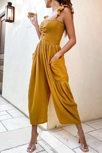 Street Patchwork Pocket Spaghetti Strap Straight Jumpsuits(4 Colors)