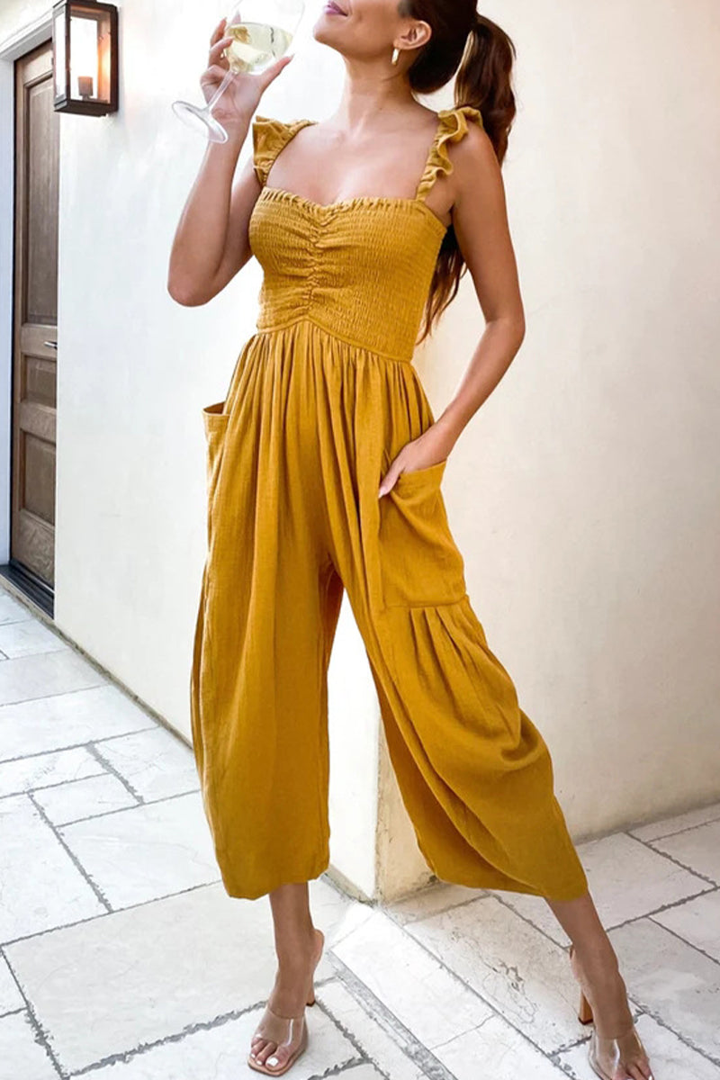 Street Patchwork Pocket Spaghetti Strap Straight Jumpsuits(4 Colors)