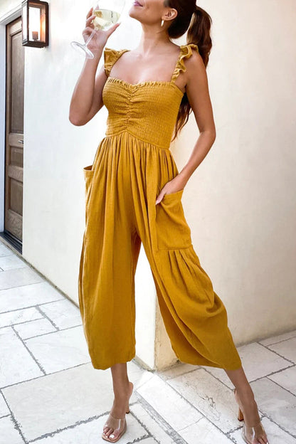 Street Patchwork Pocket Spaghetti Strap Straight Jumpsuits(4 Colors)