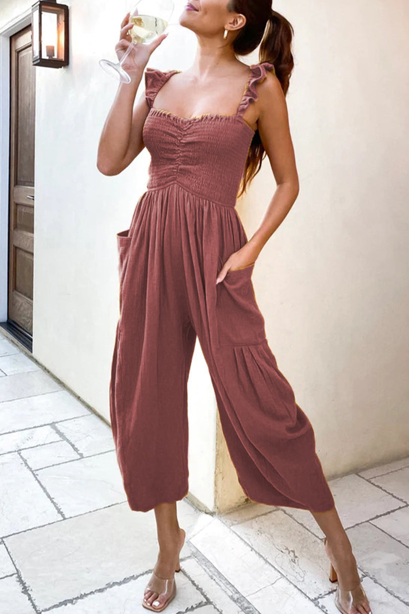 Street Patchwork Pocket Spaghetti Strap Straight Jumpsuits(4 Colors)