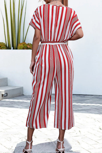 Striped Contrast V Neck Loose Jumpsuits