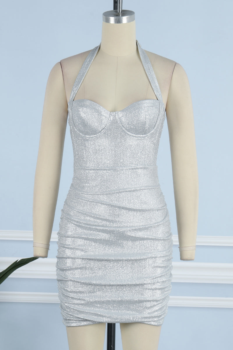 Fold Sequined Asymmetrical Halter Wrapped Skirt Dresses