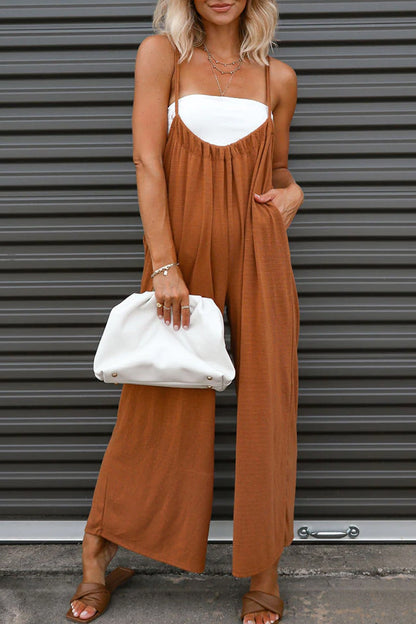 Color U Neck Loose Jumpsuits