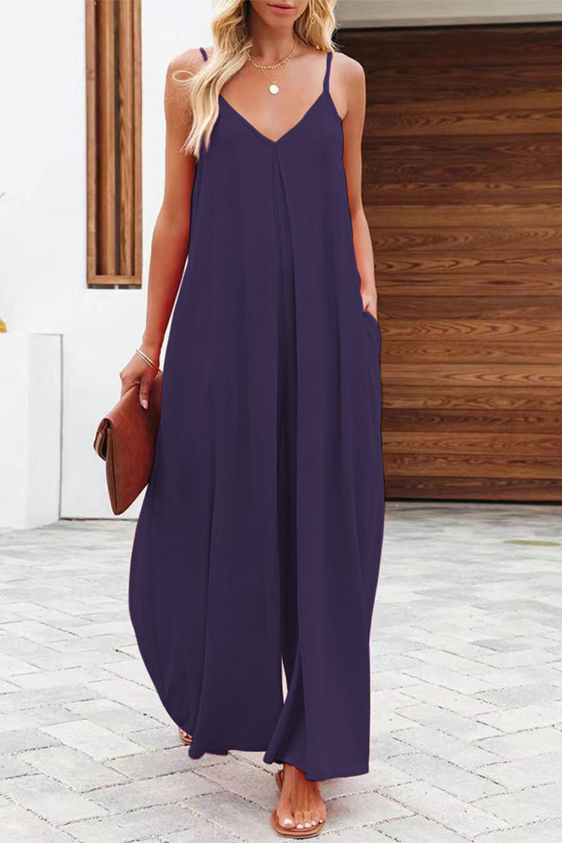 Color V Neck Loose Jumpsuits(6 Colors)