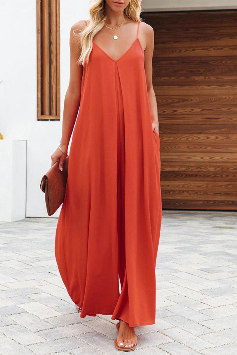 Color V Neck Loose Jumpsuits(6 Colors)