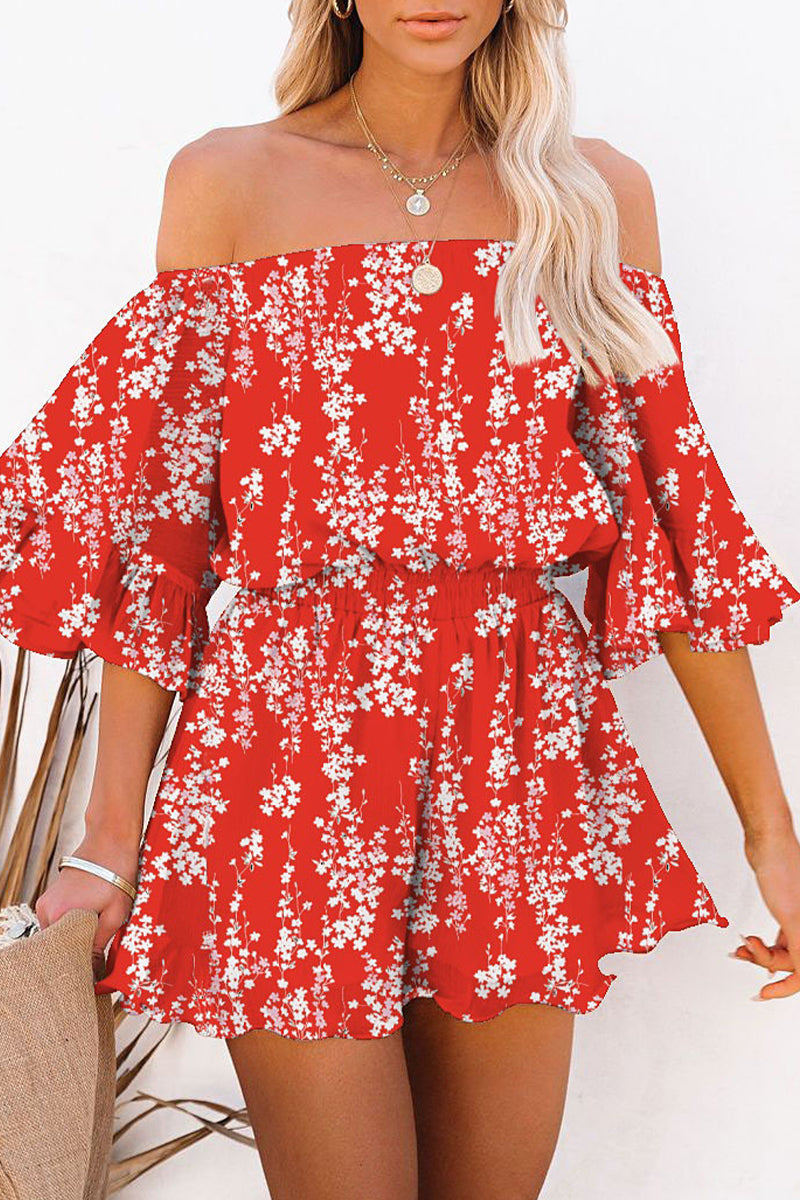 Simplicity Print Patchwork Off the Shoulder Loose Rompers