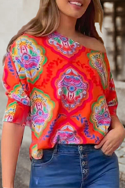 Work Print Patchwork Oblique Collar T-shirts(7 Colors)