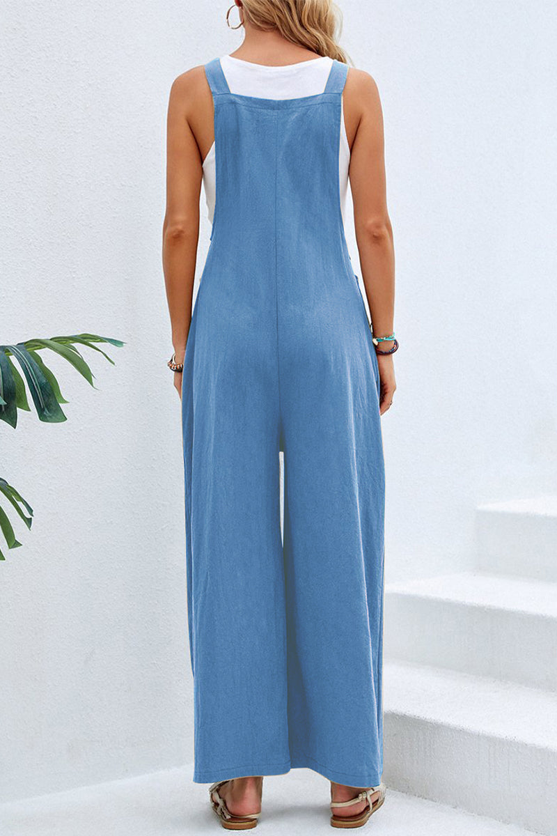 Vacation Buttons Square Collar Loose Jumpsuits(10 Colors)