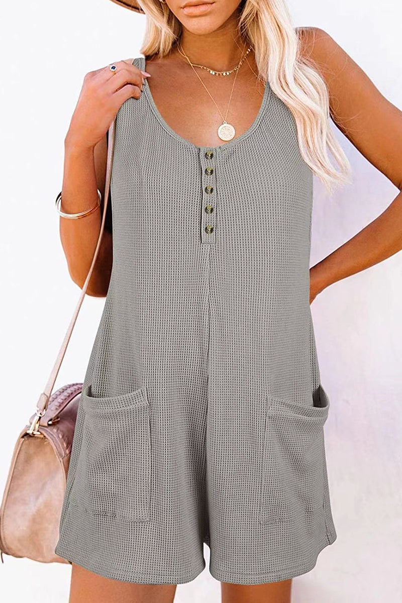 Street Pocket Buttons V Neck Loose Jumpsuits(6 Colors)