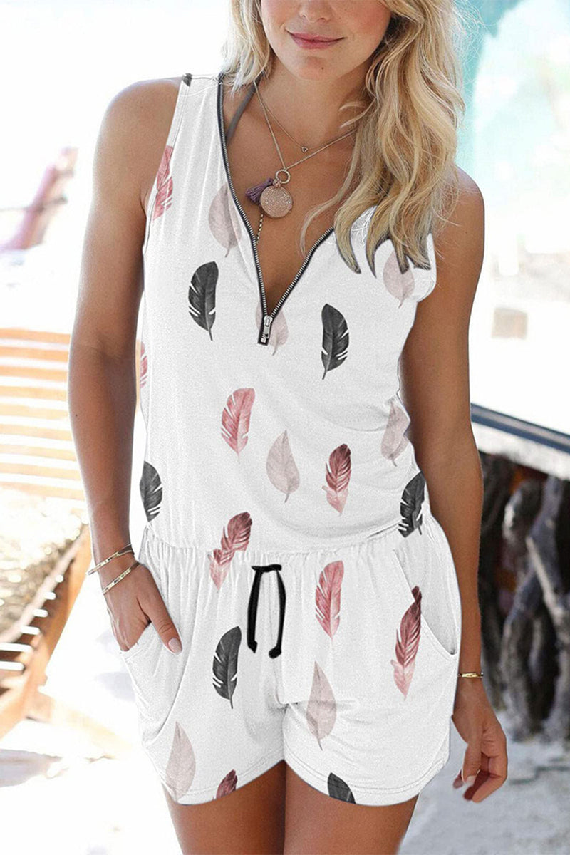 Sportswear Print Pocket Zipper V Neck Loose Jumpsuits(12 Colors)