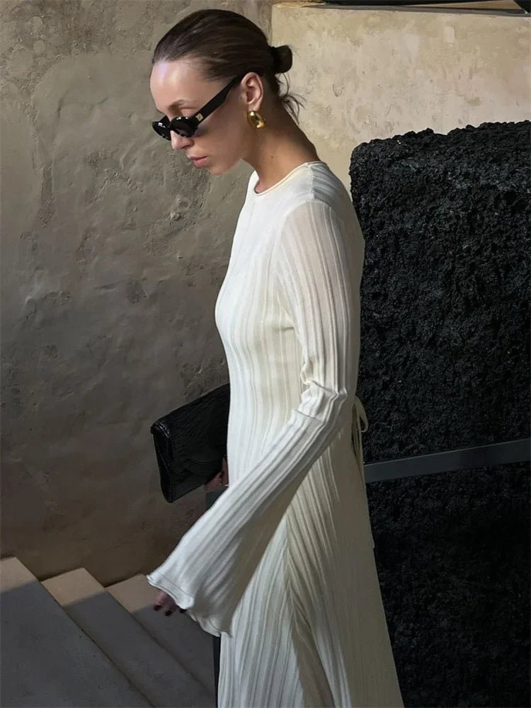 Knitwear Loose Maxi Dress Lace-up High Waist Ribbed Long Sleeve Party Dress Female Knit Bandage Long Dress