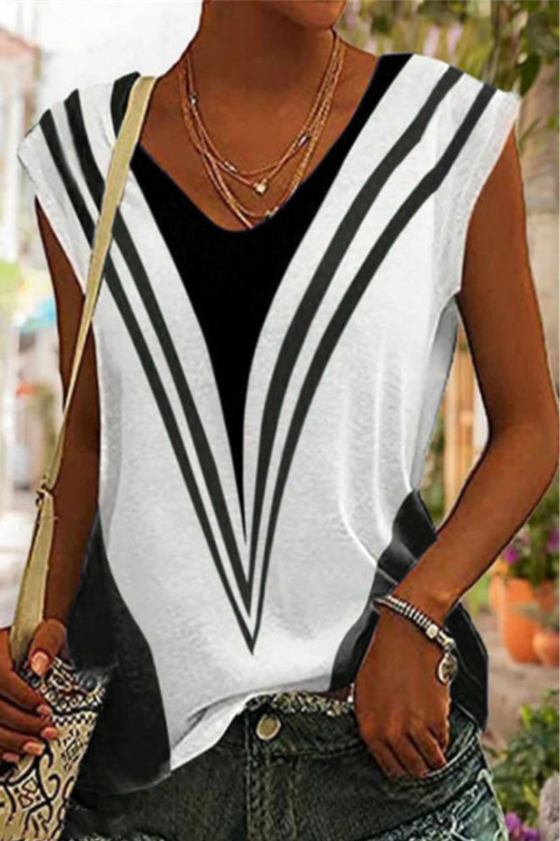 Striped Patchwork V Neck T-shirts(3 Colors)