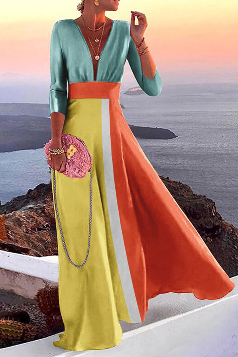 Vacation Print Patchwork V Neck One Step Skirt Dresses(3 Colors)