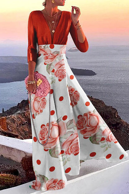 Vacation Print Patchwork V Neck One Step Skirt Dresses(3 Colors)